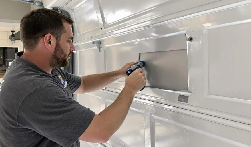 a technician performing garage door replacement in a South Miami, FL residential neighborhood, highlighting the service provided by Garage Door Repair South Miami FL.